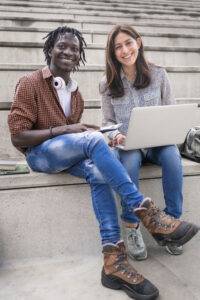 smiling writers outside