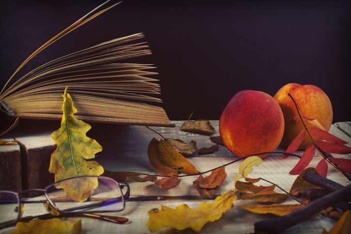 autumn still life peaches and book on table
